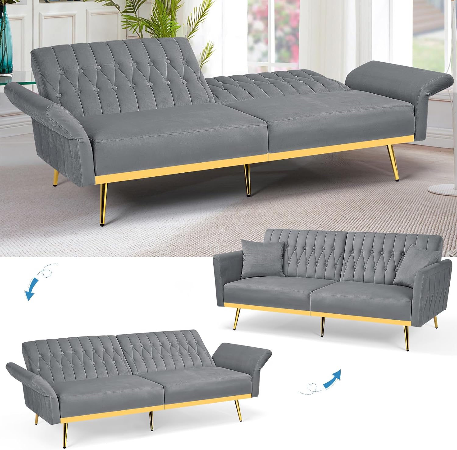 70' Velvet Futon Sofa Bed with 2 Pillows and Adjustable Armrests, Convertible Sleeper Bed W/Adjustable Backrests, Modern Loveseat for Living Room, Bedroom, Light Grey