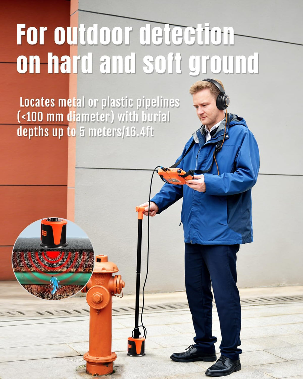 Underground Water Leak Detector, Indoor/Outdoor Plumber Leak Detector 5m Depth with High-Definition Display Screen, Professional Headphones Carry Case - L4000