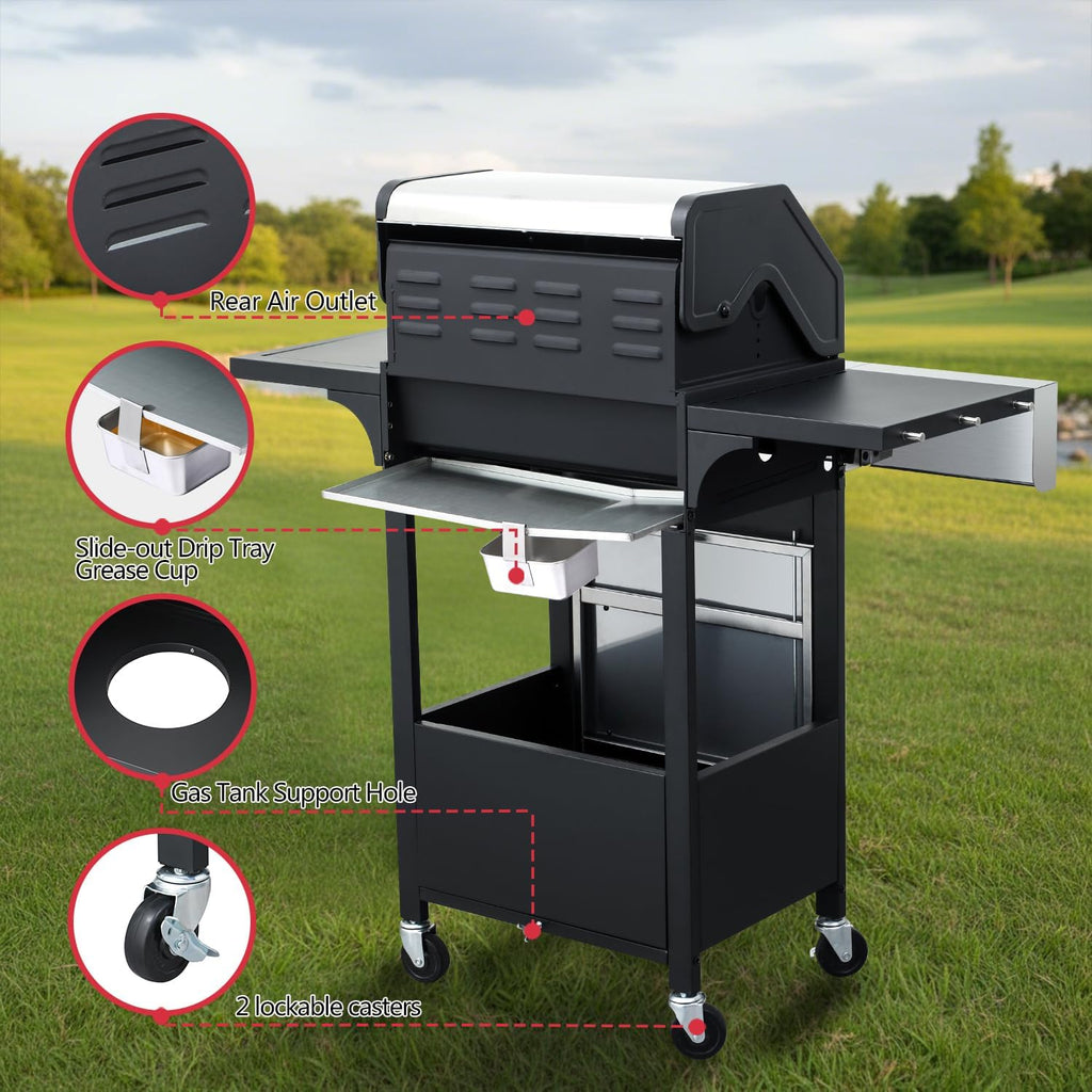 39,000 BTU 3+1 Burner Propane Gas Grill with Cast Iron Grids & Side Burner, Double-Wall Stainless Steel Lid – Even Heat, Easy Clean, Perfect for Backyard BBQ