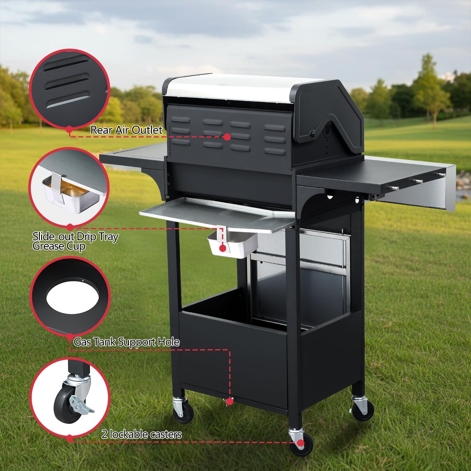 39,000 BTU 3+1 Burner Propane Gas Grill with Cast Iron Grids & Side Burner, Double-Wall Stainless Steel Lid – Even Heat, Easy Clean, Perfect for Backyard BBQ