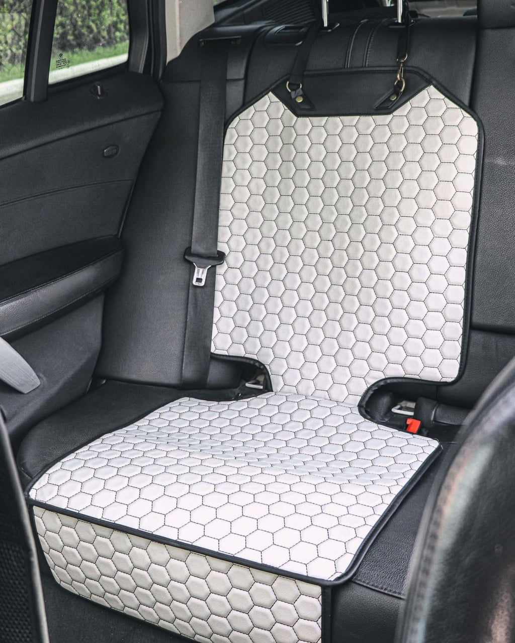 Owleys Set Seat Back Organizer & Car Seat Protector Hexy Waterproof & Non-Slip Protector for Child Car Cushion for Leather and Fabric Seats (White Set 2)