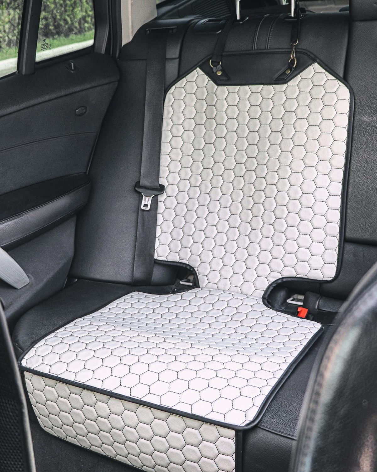 Owleys Set Seat Back Organizer & Car Seat Protector Hexy Waterproof & Non-Slip Protector for Child Car Cushion for Leather and Fabric Seats (White Set 2)