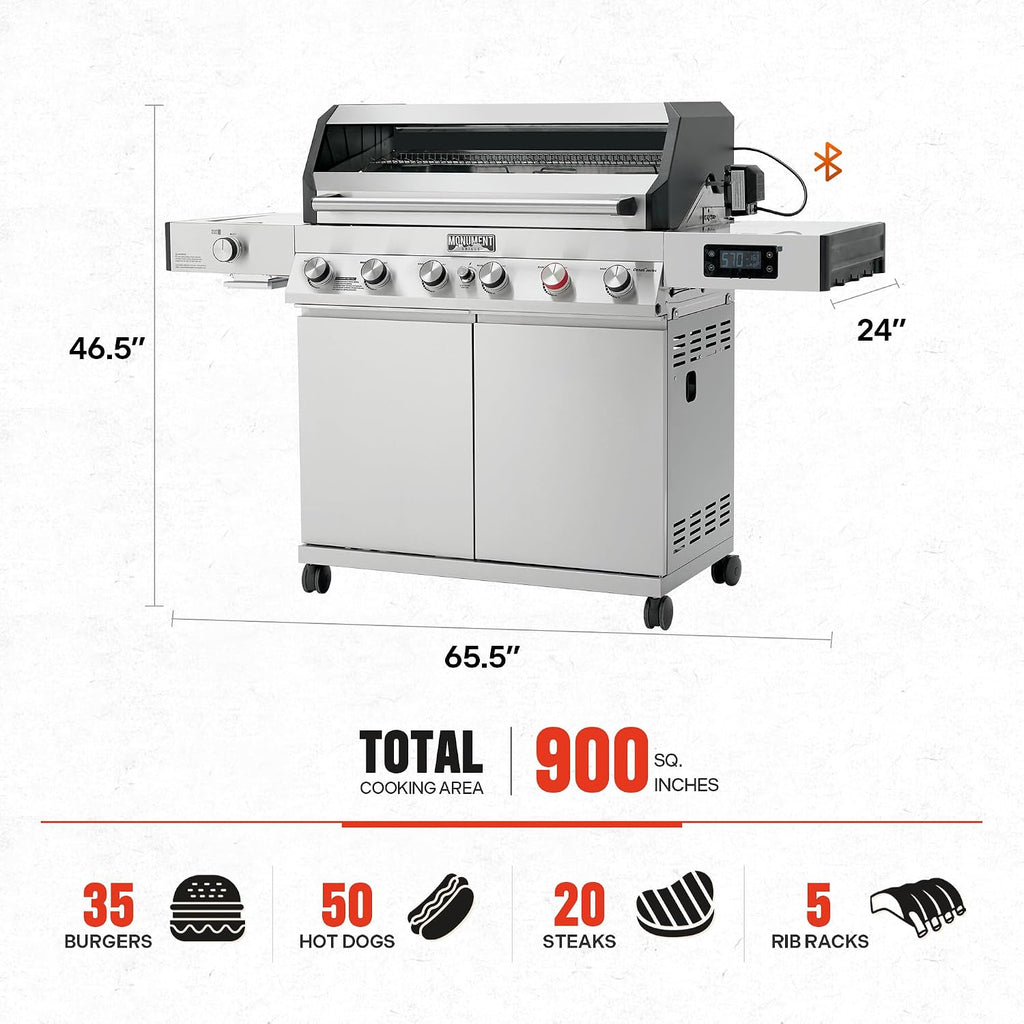 Monument Grills 6+1 Burner Smart Tech Propane Gas Grill, Denali 605Pro Stainless Steel Grill 78,000 BTU Outdoor Patio Barbecue Grill with Side Sear Burner, Knob Control, Cover and Rotisserie Kit