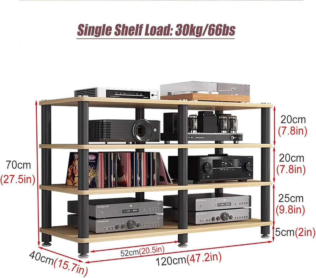 YLLFFLL Living Room Stereo Stand and Storage 120cm Wide, 3/4 Tier Audio/Video Shelving, Entertainment Component Stand Modern Stereo Cabinet, Heavy Duty Studio Equipment Cabinet(Black,4 Tier)