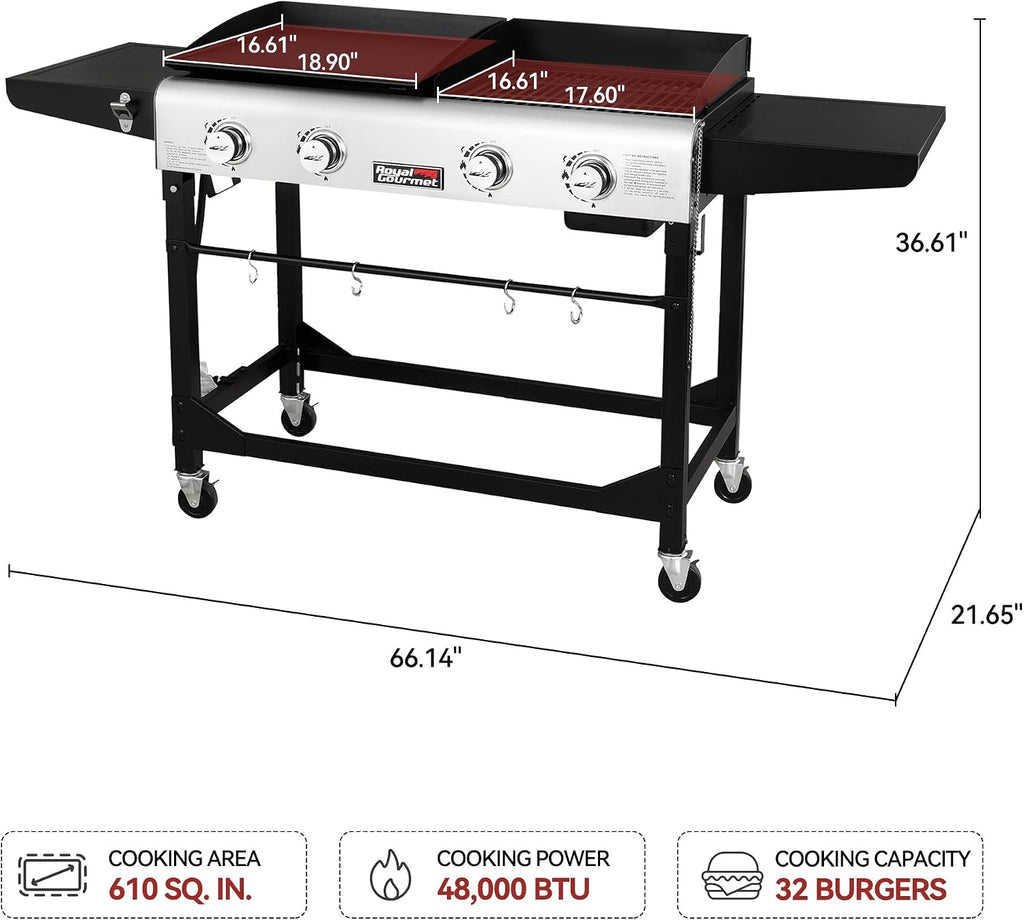 Royal Gourmet GD401C 4-Burner Propane Gas Grill and Griddle Combo with Cover, Griddle Grill Combo with 48,000 BTUs Output for Outdoor Cooking While Camping or Tailgating, Black & Silver