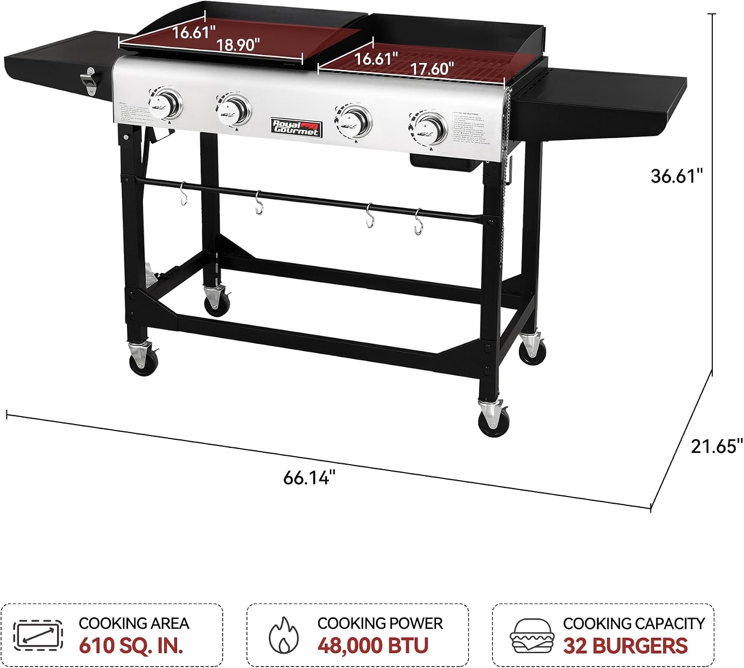 Royal Gourmet GD401 Portable Propane Gas Grill and Griddle Combo with Side Table | 4-Burner, Folding Legs,Versatile, Outdoor | Black 66 Inch