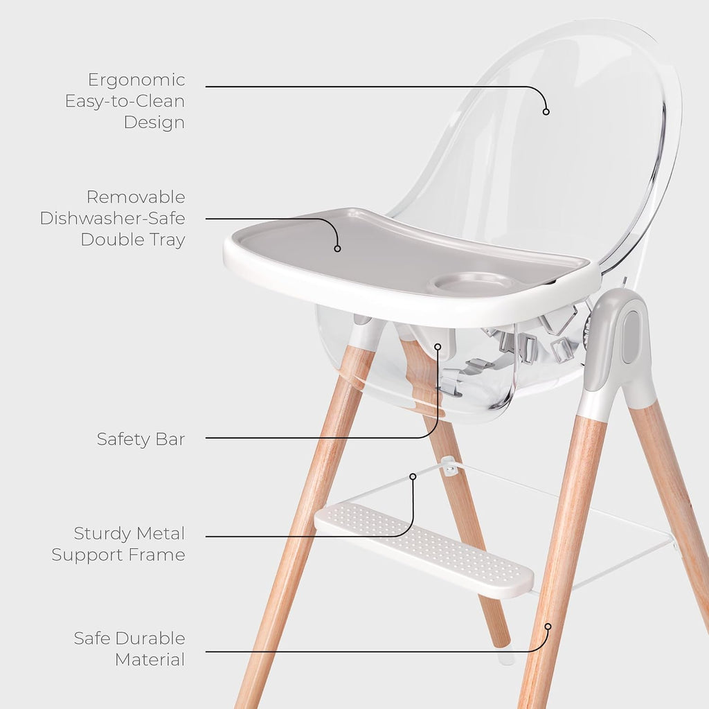 6 in 1 Deluxe Wooden High Chair for Babies & Toddlers, Modern Safe & Compact Baby Highchair, Easy to Clean & Assemble, Removable Tray, 6 Options 3 Seat Positions 2 Heights (Clear)