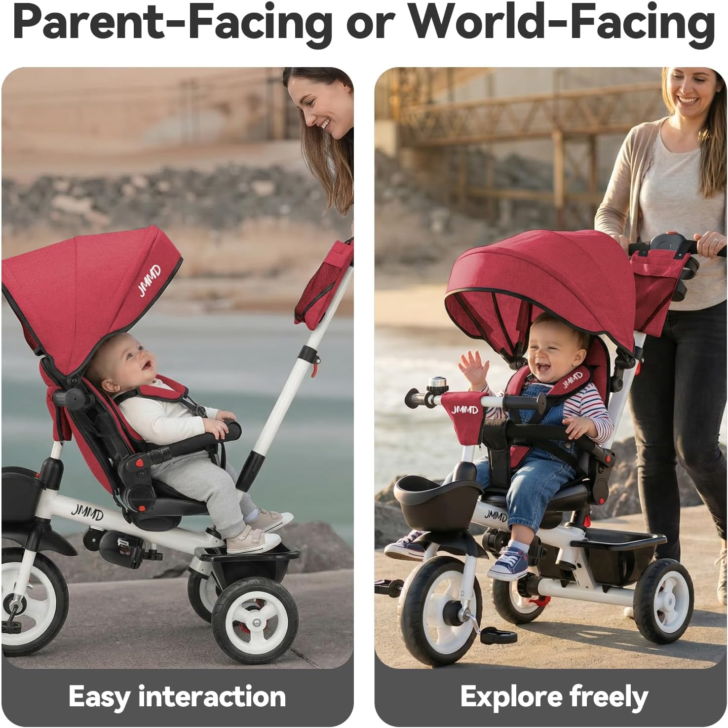 JMMD 7 in 1 Tricycle Stroller with Push Handle, Baby Trike with 360° Swivel Seat, Reclining Backrest, All-Terrain Wheels, Dual Brakes, Canopy & Storage, Gift for Kids 18 Months to 5 Years, Red