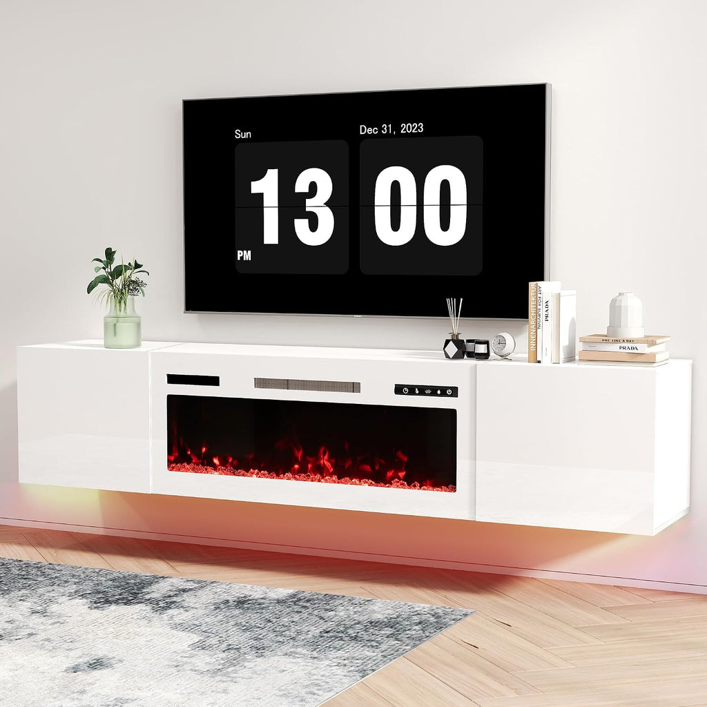 Real Relax 70' Floating TV Stand with 36' Electric Fireplace, Wall Mounted Entertainment Center with Storage, Remote Control, Modern LED Lights Fireplace TV Console for TVs Up to 80', All White