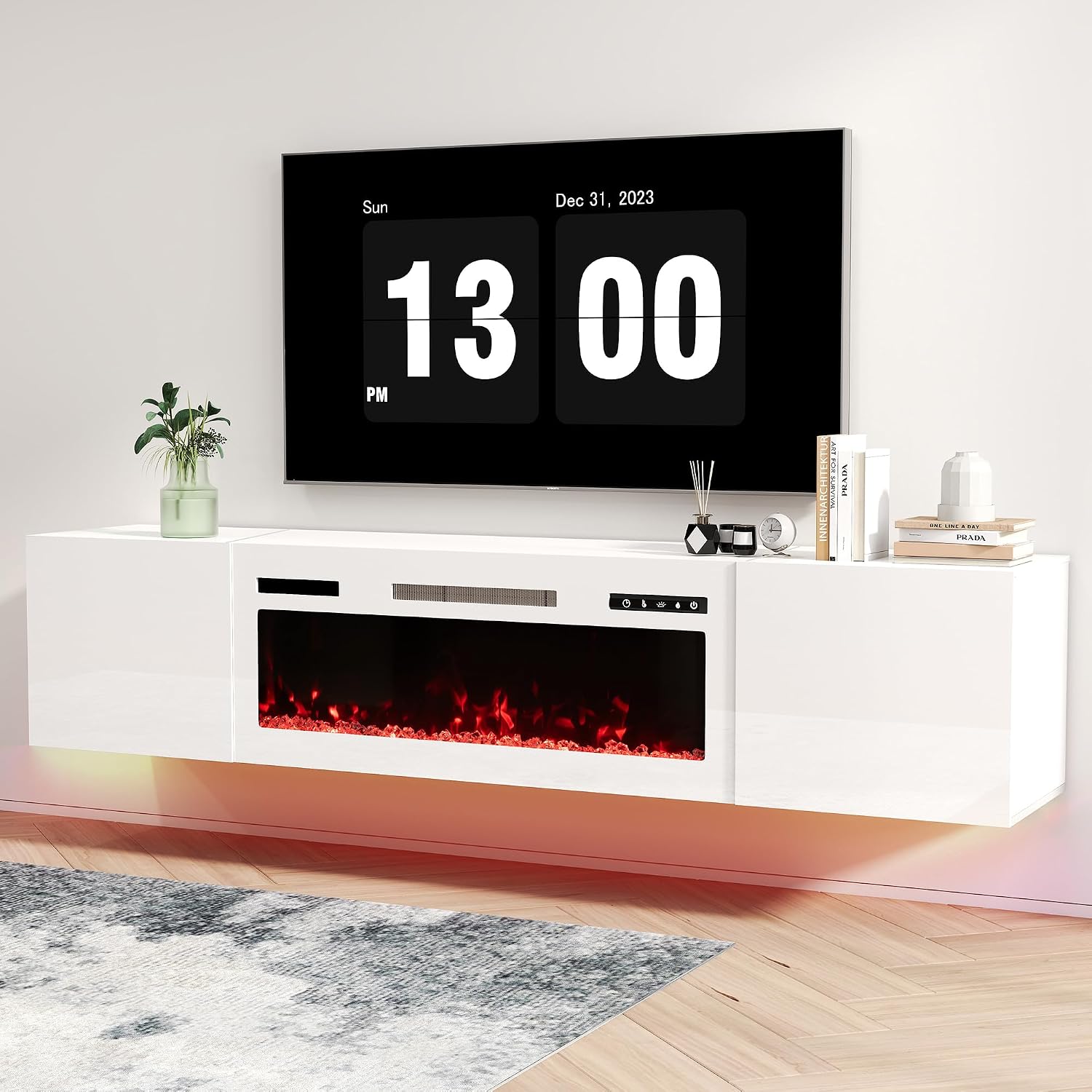 Real Relax 70' Floating TV Stand with 36' Electric Fireplace, Wall Mounted Entertainment Center with Storage, Remote Control, Modern LED Lights Fireplace TV Console for TVs Up to 80', All White