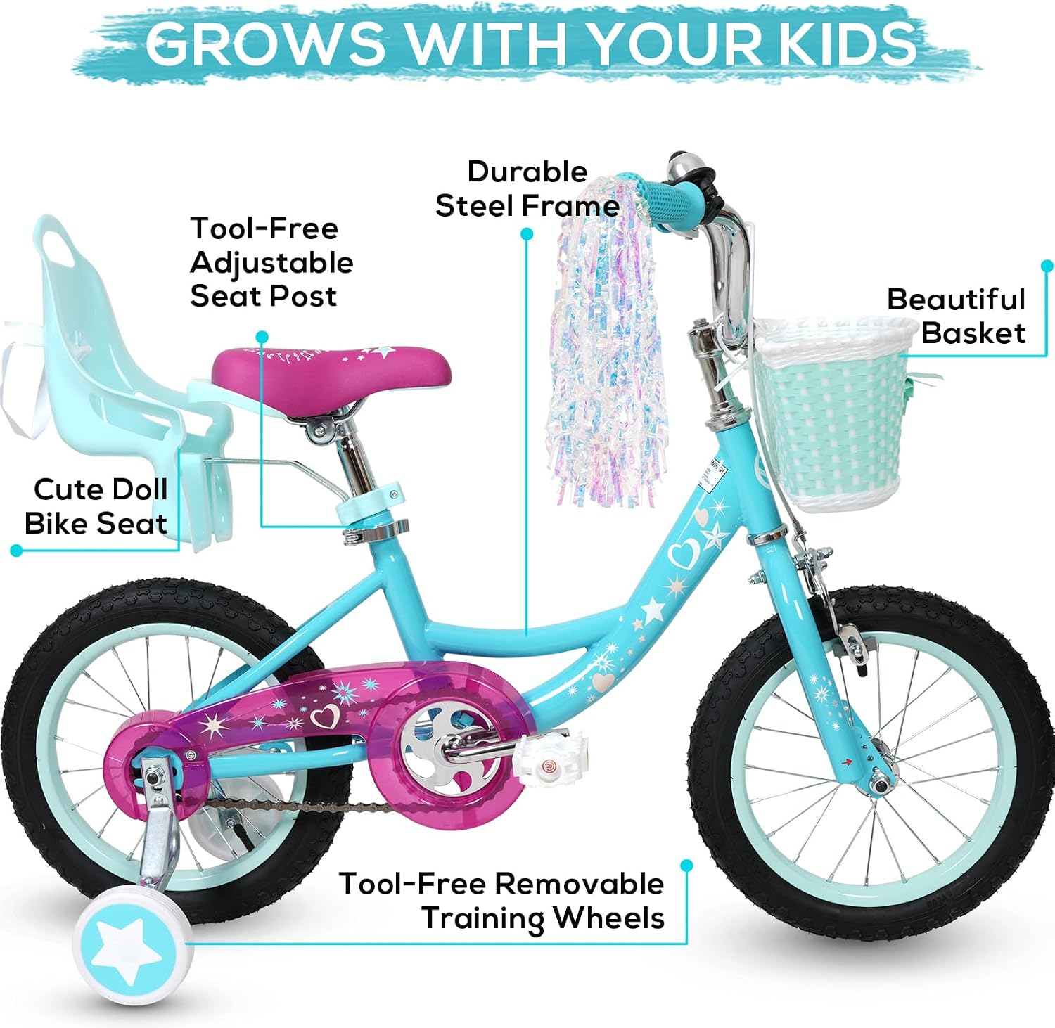 WEIZE Girls Bike for 3-12 Years Old Kids, 14 16 20 Inch Kids Bike with Training Wheels, Streamers, Basket and Doll Seat, Children Bicycles with Coaster Brake, Multiple Colors
