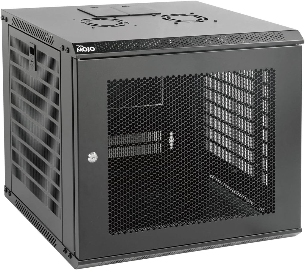 Tecmojo 9U Wall Mount Rack Network Cabinet for 19' IT Equipment,with Lockable Mesh Door and Side Panels,Cooling Fan,17.7inch Depth,Black