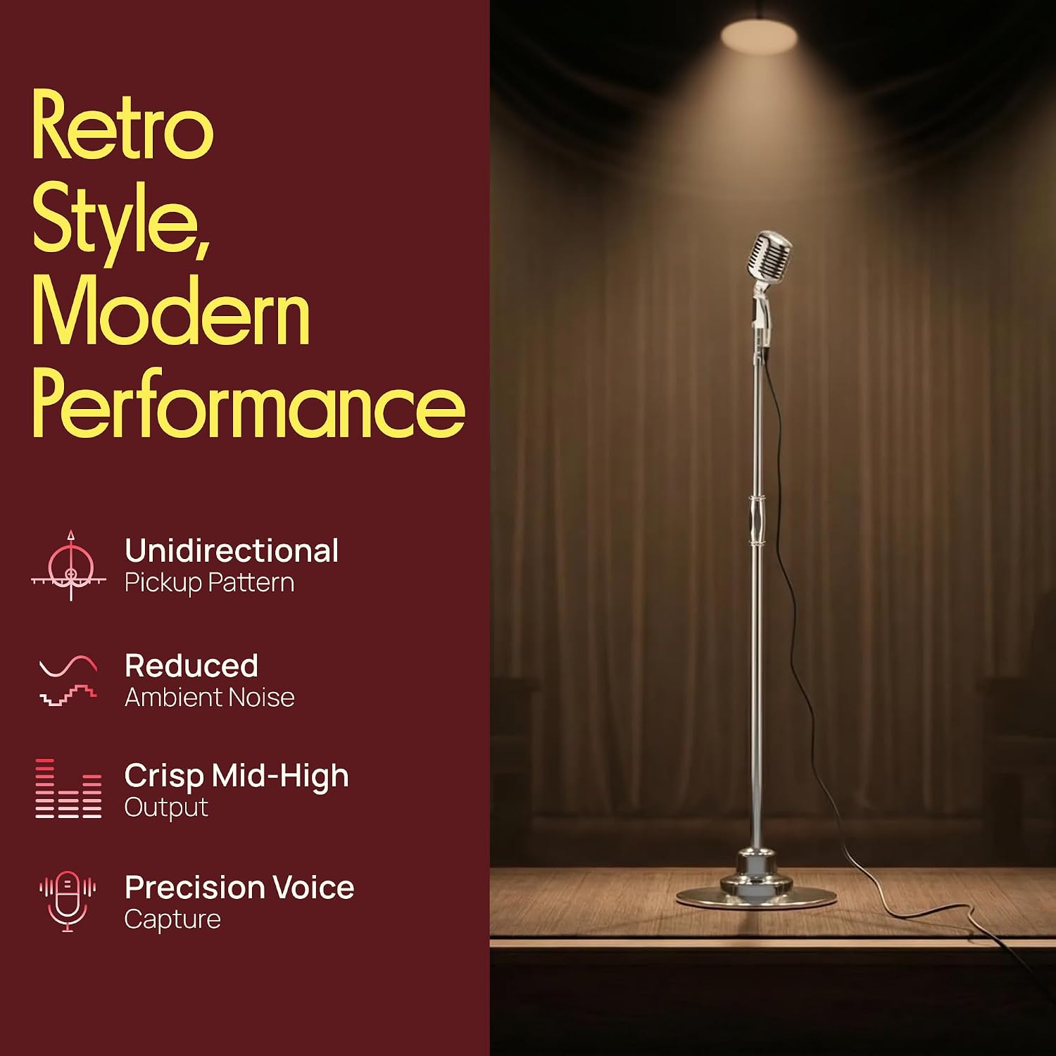Pyle Retro Microphone, Classic Vintage Style, Unidirectional Audio, Adjustable Stand, XLR Cable, Silver Finish, Dynamic Vocal Performance Mic with 49-69' Swing Stand and Detachable Microphone