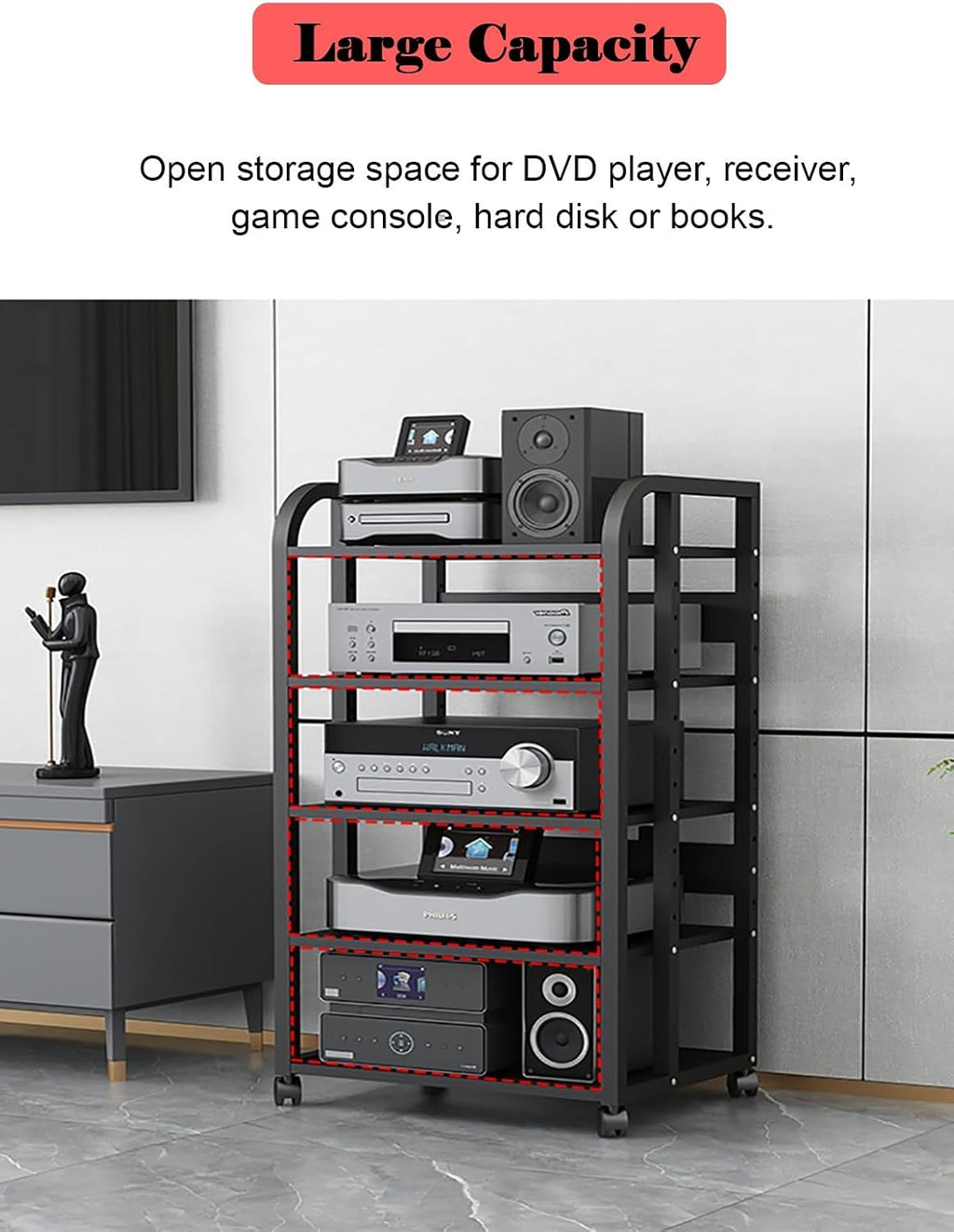 Stereo Cabinet Media Storage Stands with Storage Drawers, 5 Tier Vintage Audio-Video Media Stand, Home Theater Cabinet Electronics Equipment Shelf Tower (Size : 5-Tier (A))