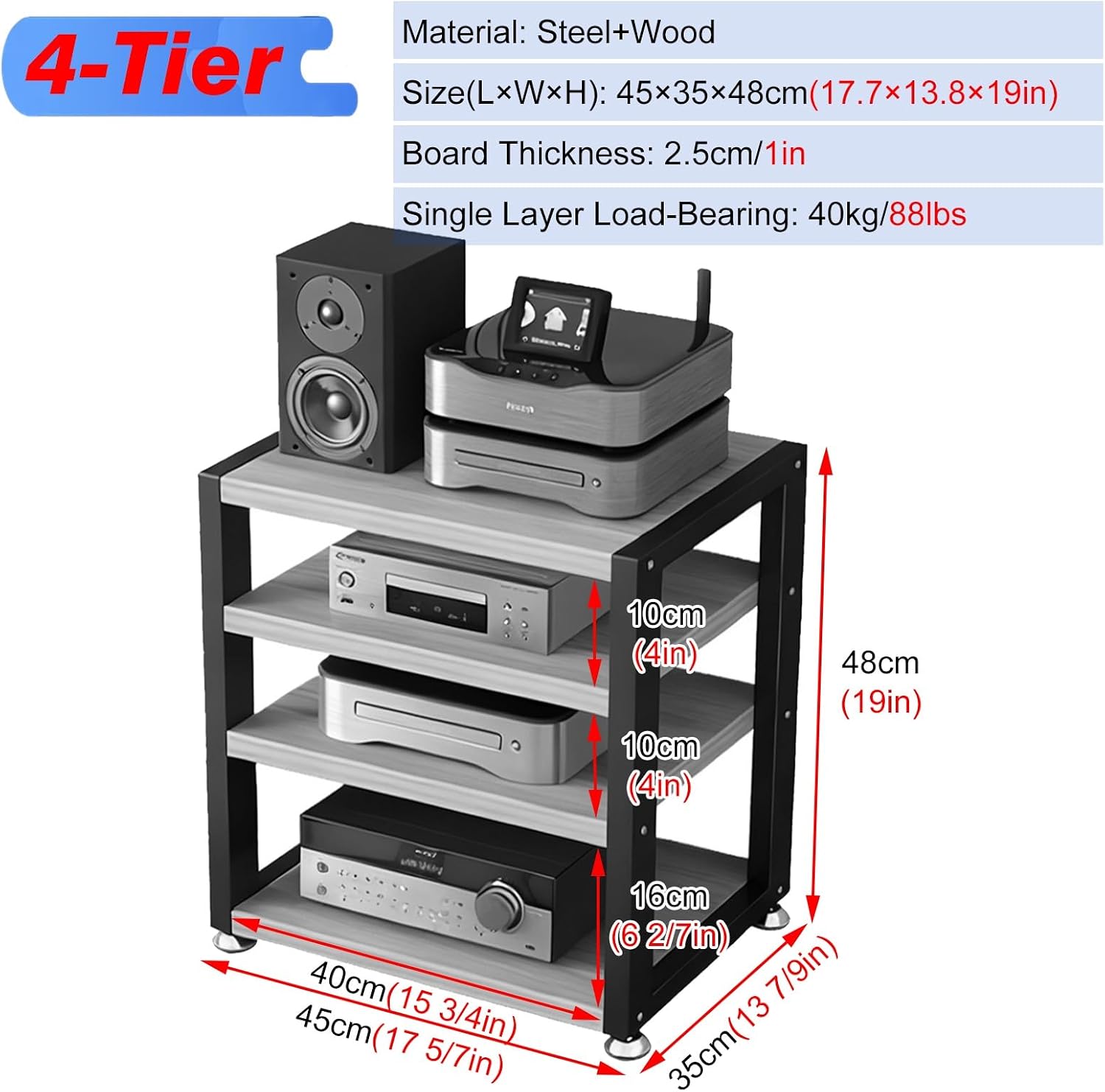 4-Tier Record Player Stand 48cm Tall, HiFi Amplifier Shelf Audio Rack Tower for Audio-Video CD Record Player Stereo Receiver AV Equipment(Black-B)