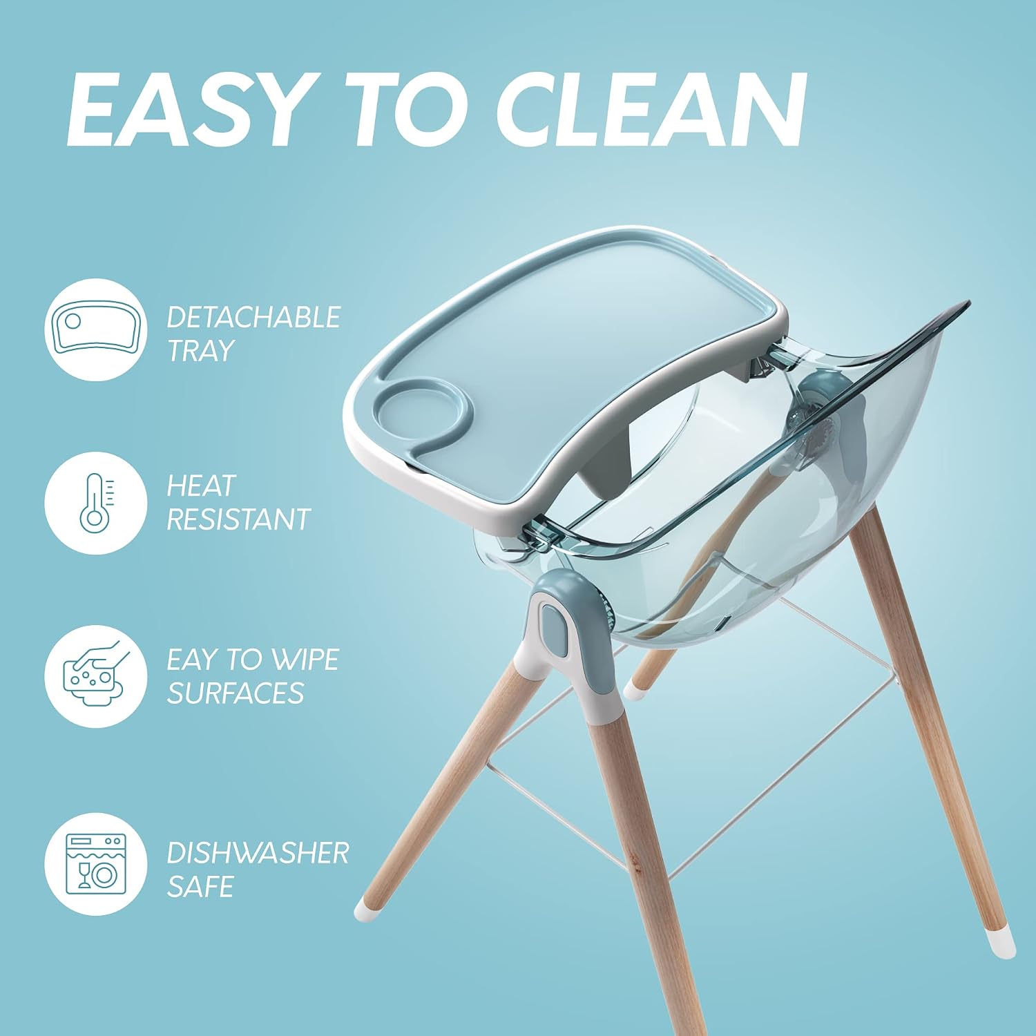 6 in 1 Deluxe Wooden High Chair for Babies & Toddlers, Modern Safe & Compact Baby Highchair, Easy to Clean & Assemble, Removable Tray, 6 Options 3 Seat Positions 2 Heights (Blue)