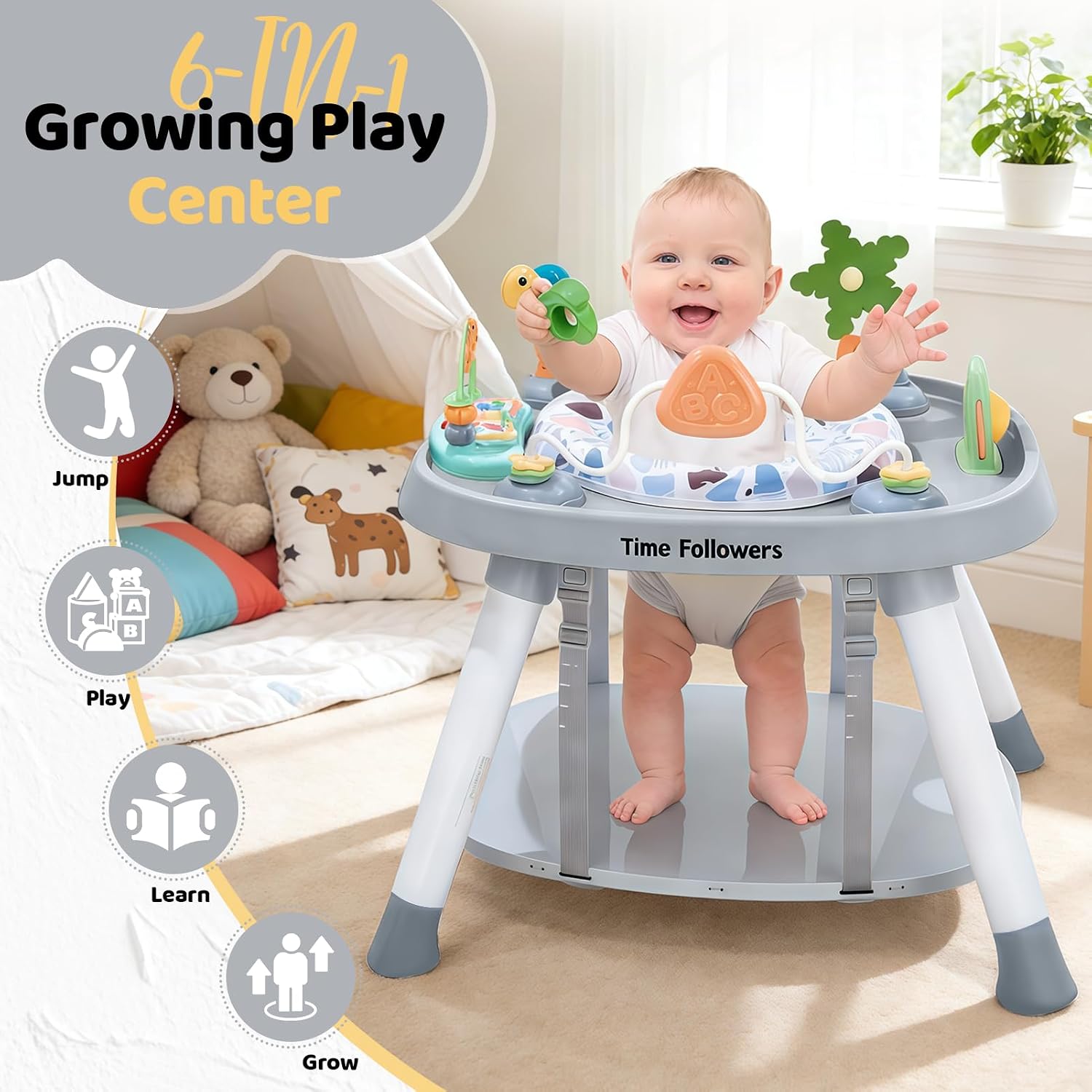 Time Followers® 6-in-1 Baby Activity Center | 4 Stage Montessori-Inspired Toys | Grow Stationary Standing Toddler Table | Jumpers & Bouncers | Must Have for Boy & Girl 6, 12, 24+ Month Old (Grey)