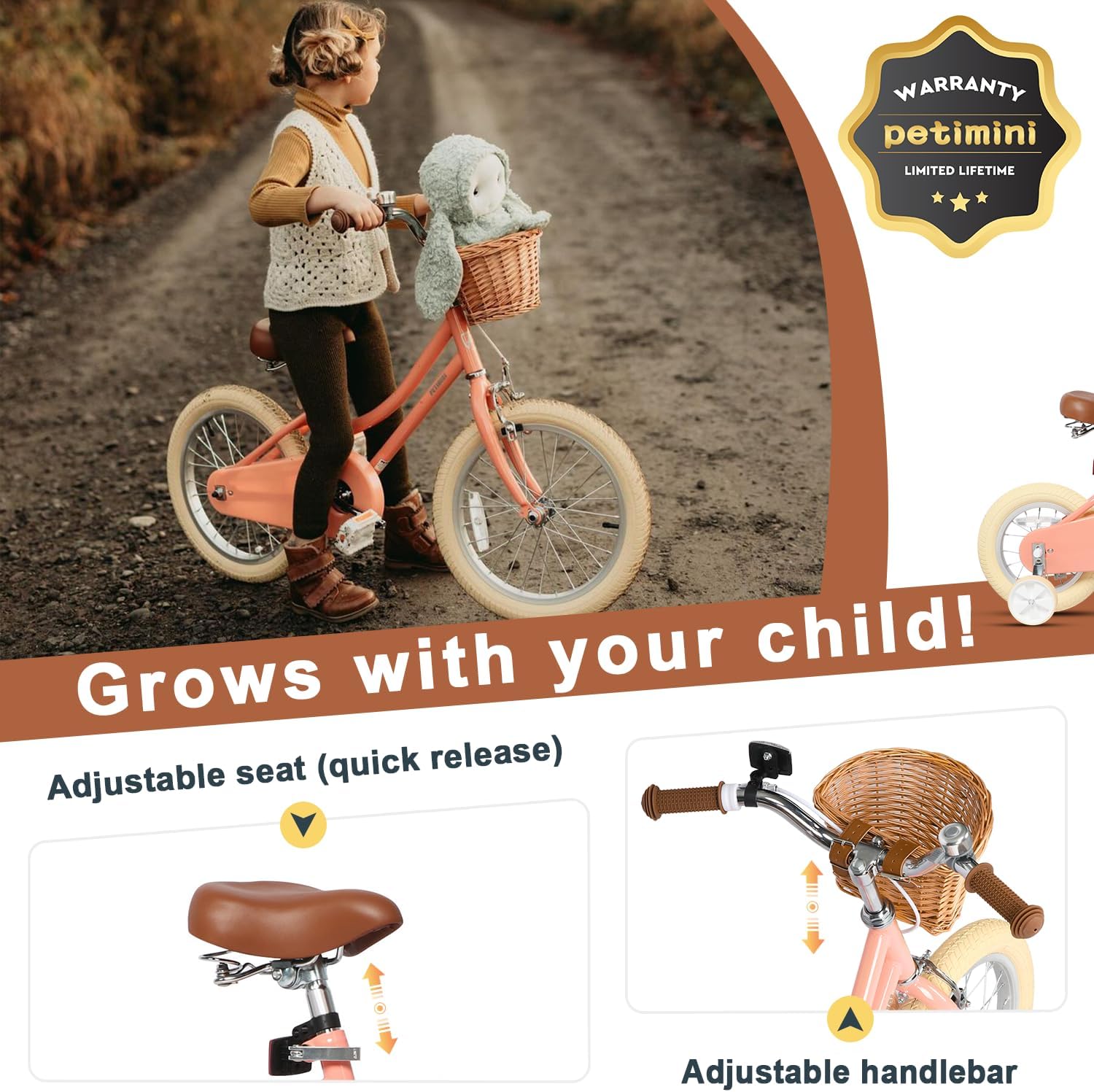 Petimini Vintage Kids Bike for Girls, 12–20 Inch Classic Bicycle with Wicker Basket & Bell, High Tensile Steel Frame, Training Wheels (12–18'), 85% Pre-Assembled, Retro Bike for Outdoor Riding