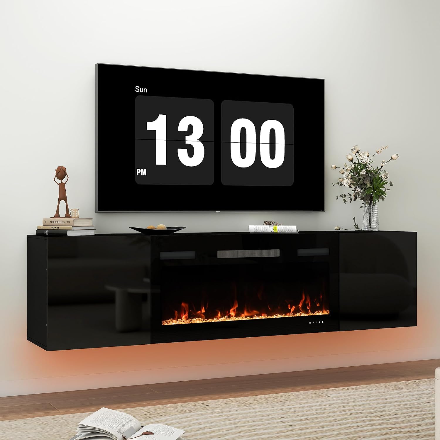 Real Relax 80' Floating TV Stand with 40' Electric Fireplace, Wall Mounted Entertainment Center with Storage, Remote Control, Modern LED Lights Fireplace TV Console, Taller Version, All Black