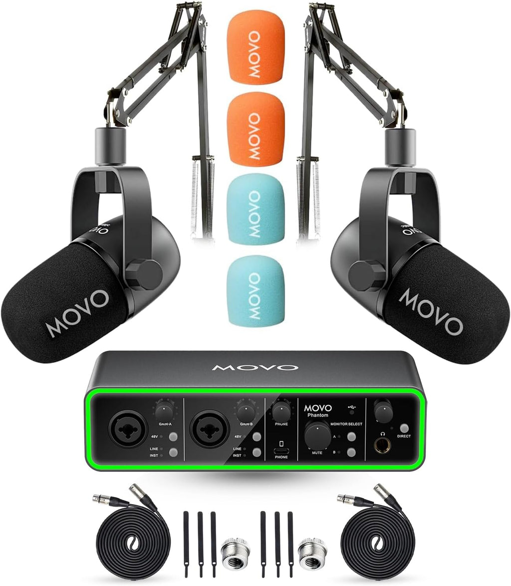 Movo Podcasting Equipment Bundle - Phantom USB Audio Interface, 2 CastMic XLR Dynamic Microphones, and 2 Boom Arms - Complete Studio Setup for Professional Podcasting and Streaming