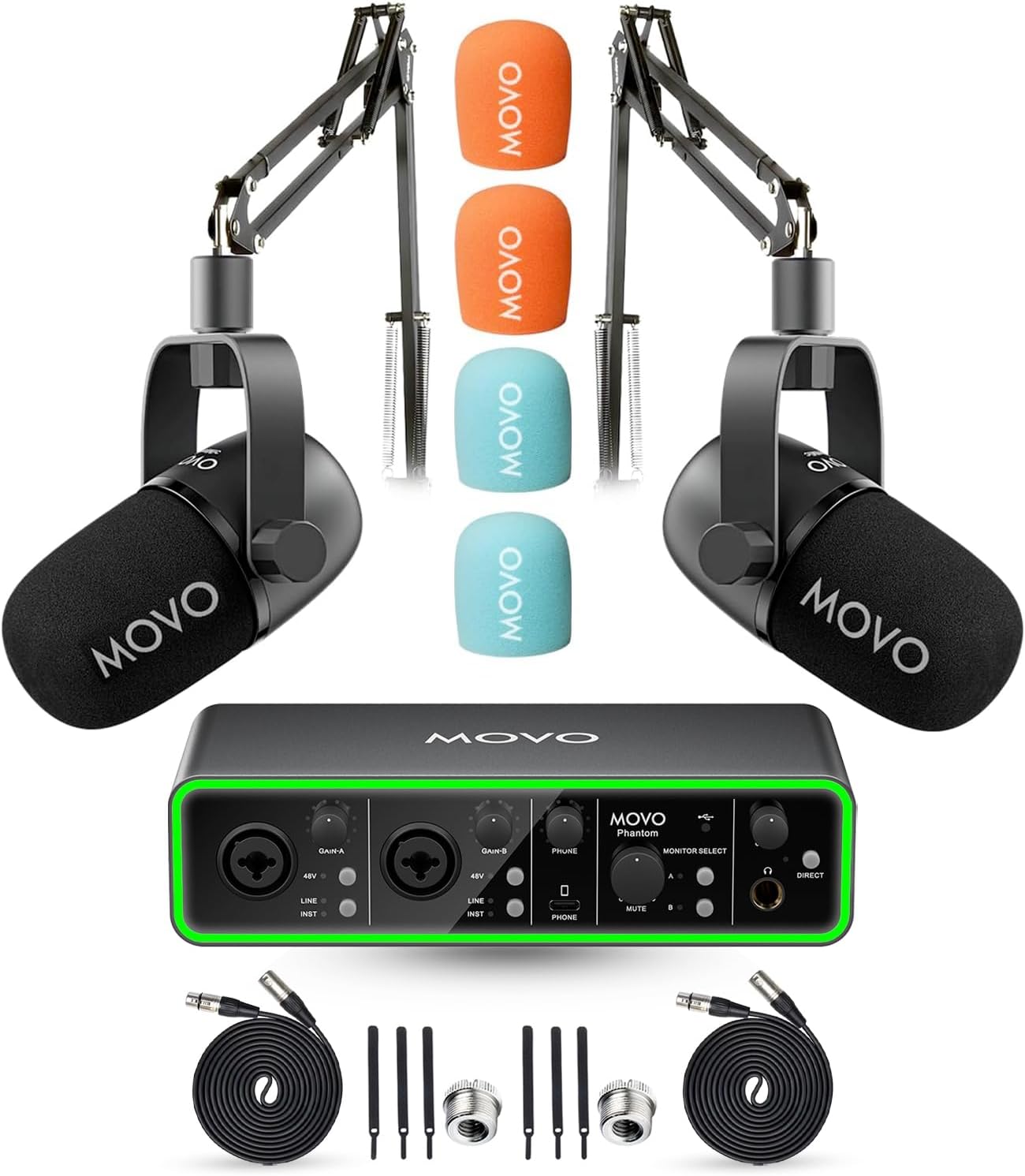 Movo Podcasting Equipment Bundle - Phantom USB Audio Interface, 2 CastMic XLR Dynamic Microphones, and 2 Boom Arms - Complete Studio Setup for Professional Podcasting and Streaming