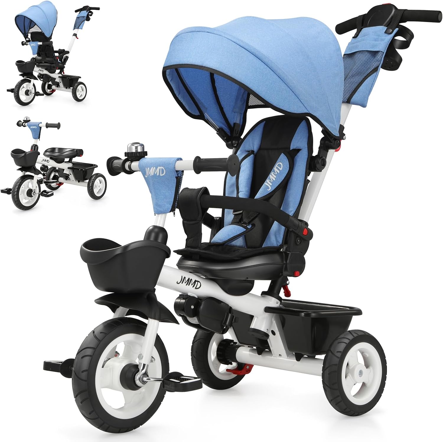 JMMD 7 in 1 Tricycle Stroller with Push Handle, Baby Trike with 360° Swivel Seat, Reclining Backrest, All-Terrain Wheels, Dual Brakes, Canopy & Storage, Gift for Kids 18 Months to 5 Years, Blue