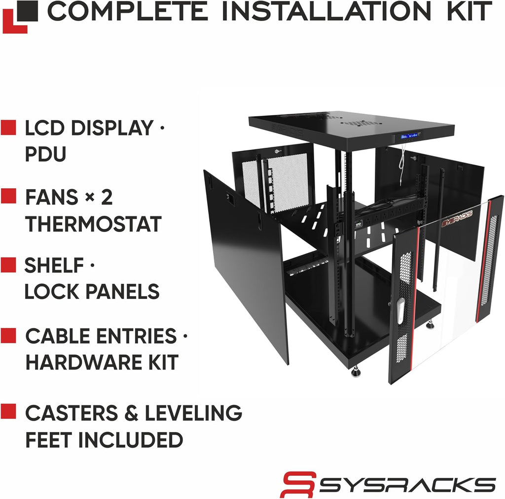 Home Lab Server Rack Cabinet 19' 12U – Premium Series 35' Deep Network Rack Enclosure with Glass Door, Quiet Cooling Fans & Thermostat, PDU, Shelf, Lockable Cabinet for NAS & Home Network
