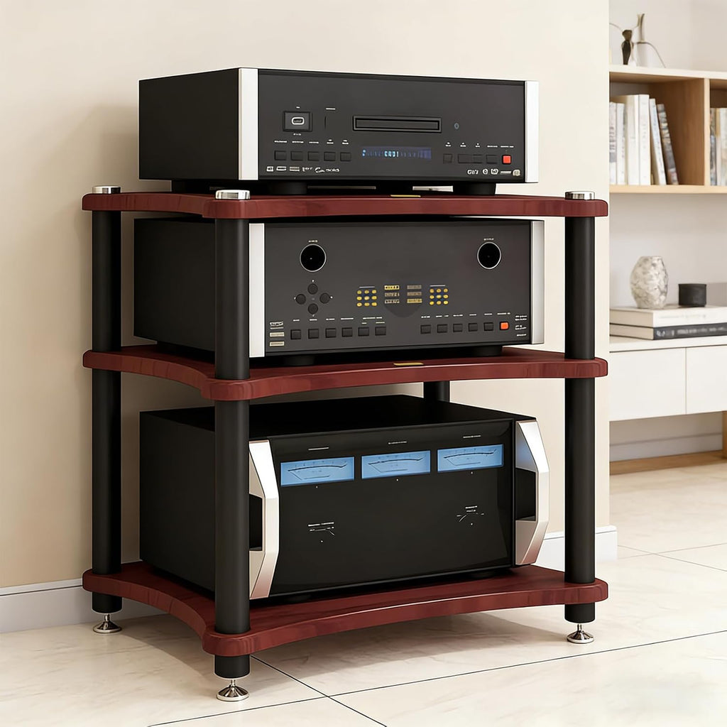 Heavy Duty Audio Component Rack, Large Storage Space AV Media Stand with Shock-Absorbing Foot pegs, Audio Rack Tower CD Player Stand for Home/Office/Audio Video/Theate (Teak, 3rd)