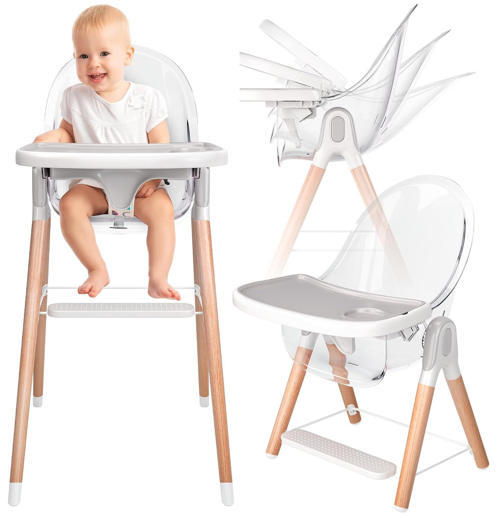 6 in 1 Deluxe Wooden High Chair for Babies & Toddlers, Modern Safe & Compact Baby Highchair, Easy to Clean & Assemble, Removable Tray, 6 Options 3 Seat Positions 2 Heights (Clear)
