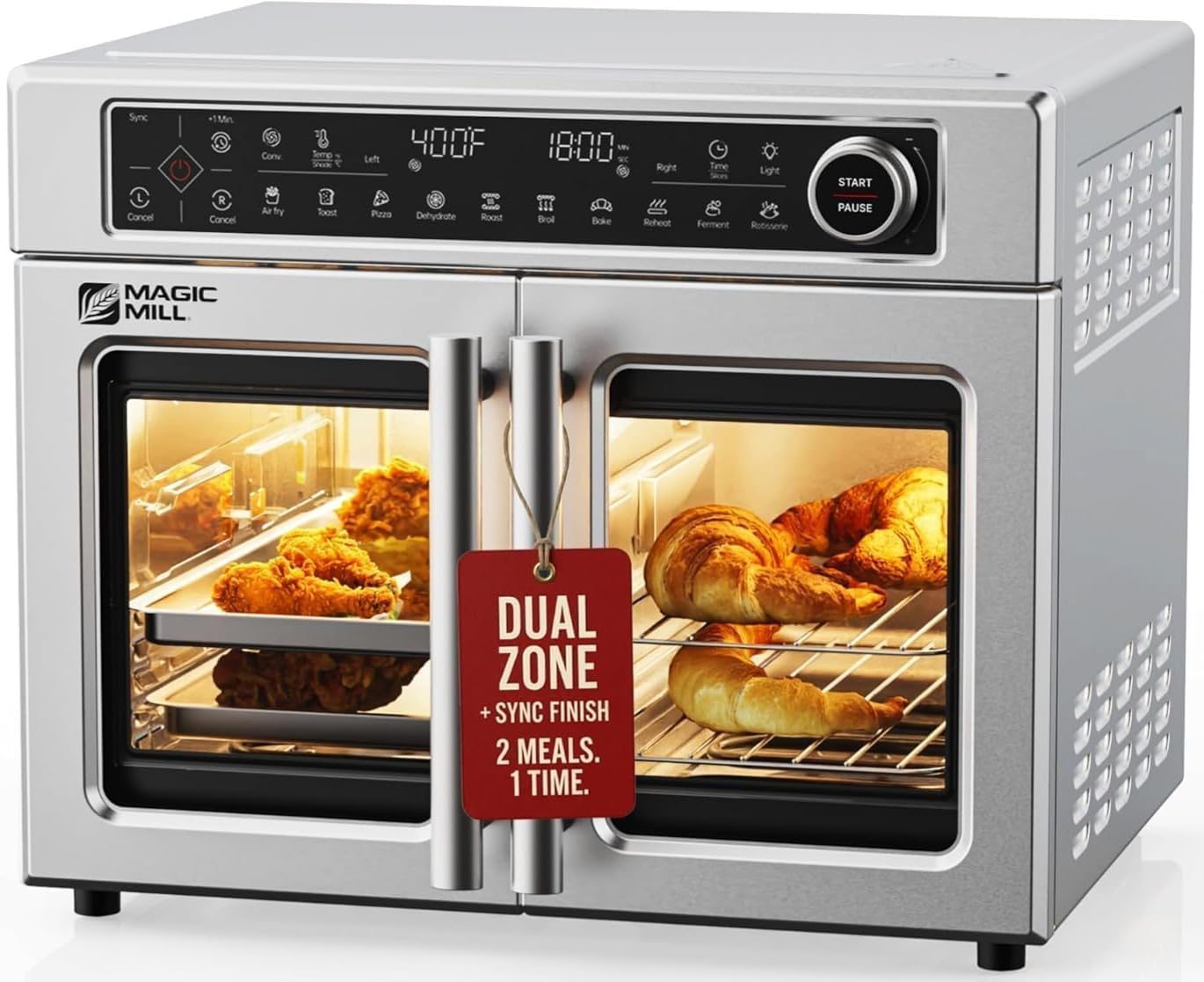 Magic Mill Ultra-Premium Air Fryer Toaster Oven Combo With Independent Dual-Zone Technology, Extra Large 32QT French Door Stainless Steel Convection Oven, Next-Gen Patent Technology, 13 accessories