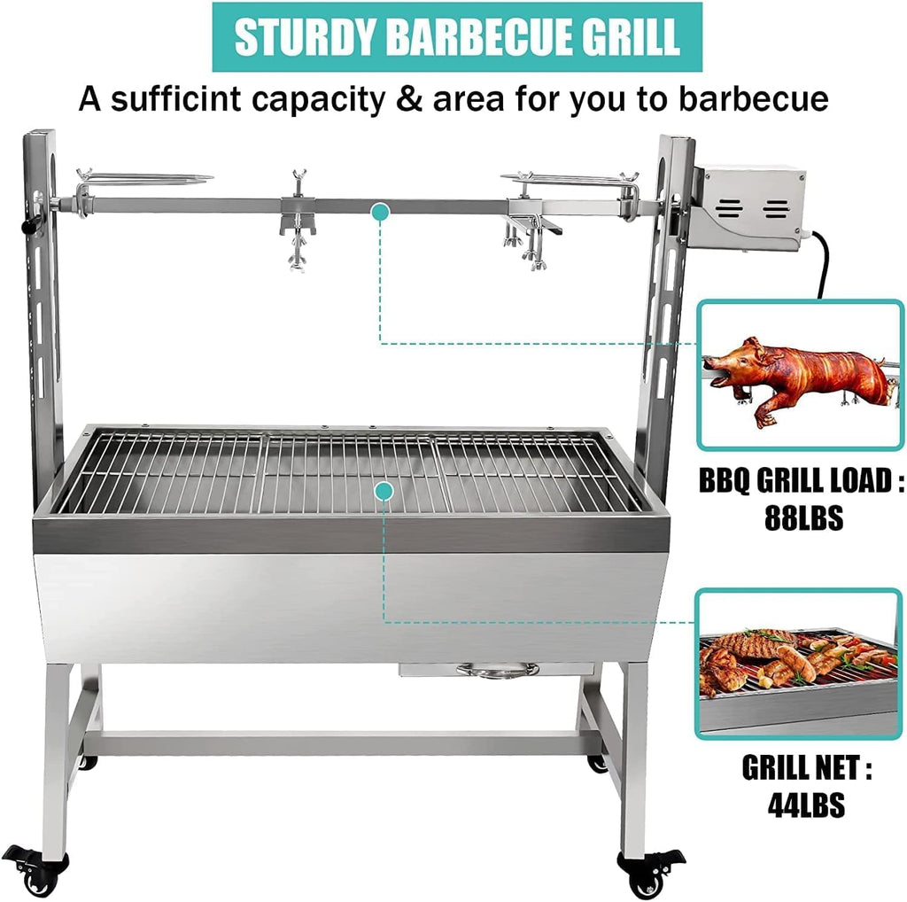 Stainless Steel Rotisserie Grill, 25W Motor Small Pig Lamb Rotisserie Roaster, 37 Inch BBQ Charcoal Grill for Camping Outdoor Kitchen without Baffle