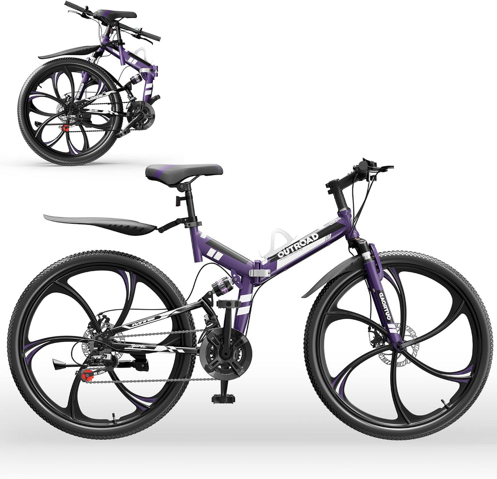Outroad 26 Inch Folding Mountain Bike, 21 Speed Full Suspension High-Carbon Steel MTB Foldable Bicycle, Dual Disc Brake Non-Slip Folding Bikes for Adults/Men/Women, Black, Orange and Green