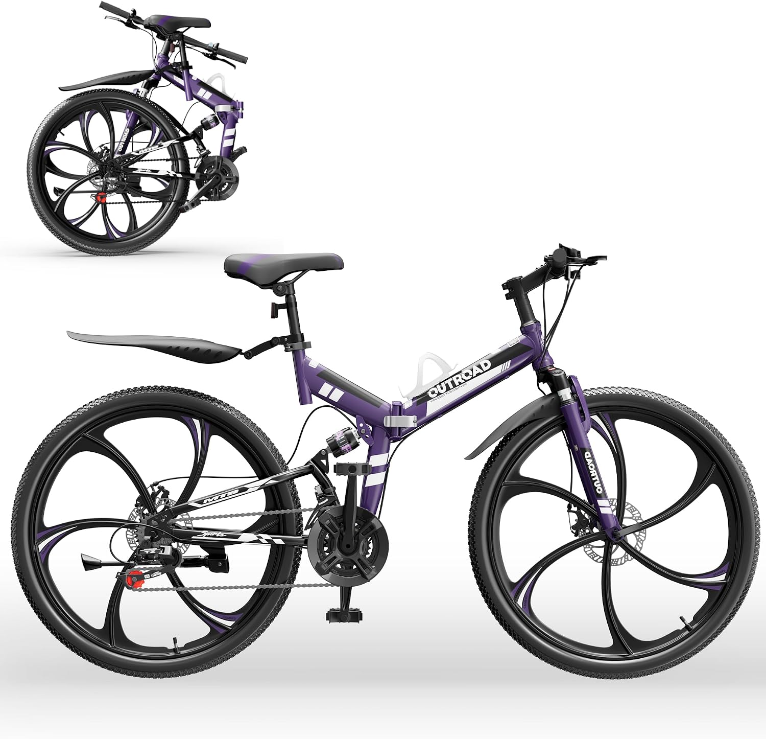 Outroad 26 Inch Folding Mountain Bike, 21 Speed Full Suspension High-Carbon Steel MTB Foldable Bicycle, Dual Disc Brake Non-Slip Folding Bikes for Adults/Men/Women, Black, Orange and Green
