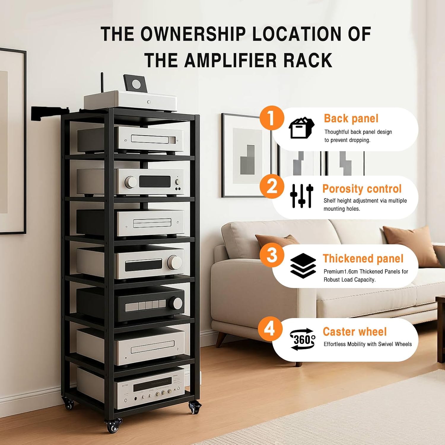 7-Tier Audio Rack Tower, Heavy Duty HiFi Amplifier Stand, Adjustable AV Media Component Cabinet with Wheel, Stereo Receiver & CD Player Display Rack for Home Theater Equipment