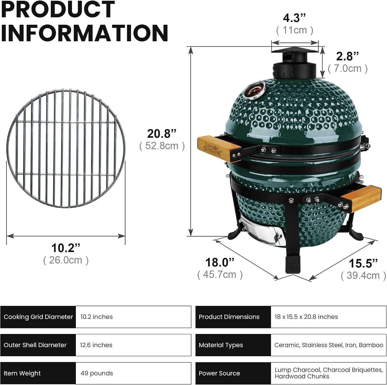 Upgraded 13 inch Ceramic Kamado Grill with Waterproof Air Vent Cap | Portable Tabletop Charcoal BBQ Grill Smoker for Outdoor Cooking, Patio, Camping | Green
