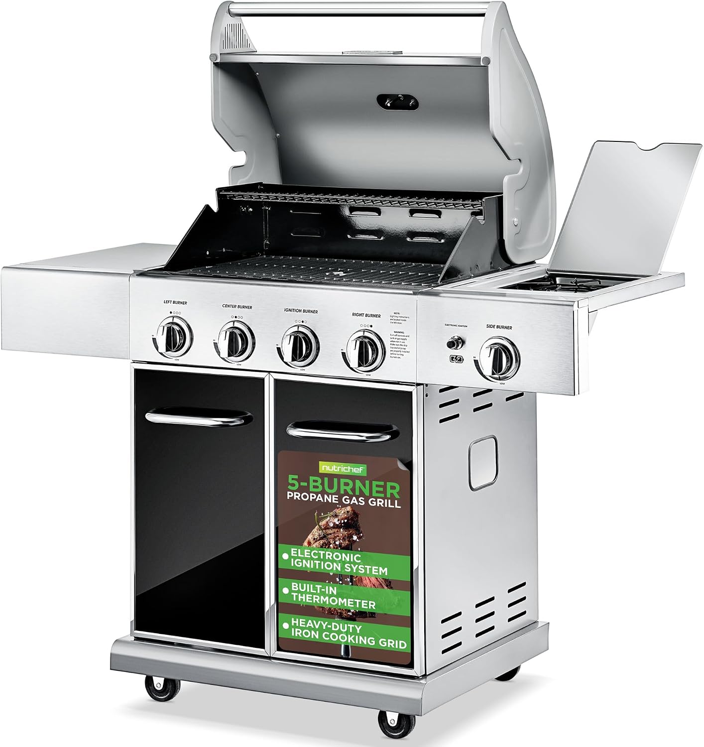 Heavy-Duty 5-Burner Propane Gas Grill - Stainless Steel Grill, 4 Main Burner with 1 side burner, 52,000 BTU Grilling Capacity, Electronic Ignition System, Built-in Thermometer - NutriChef NCGRIL2