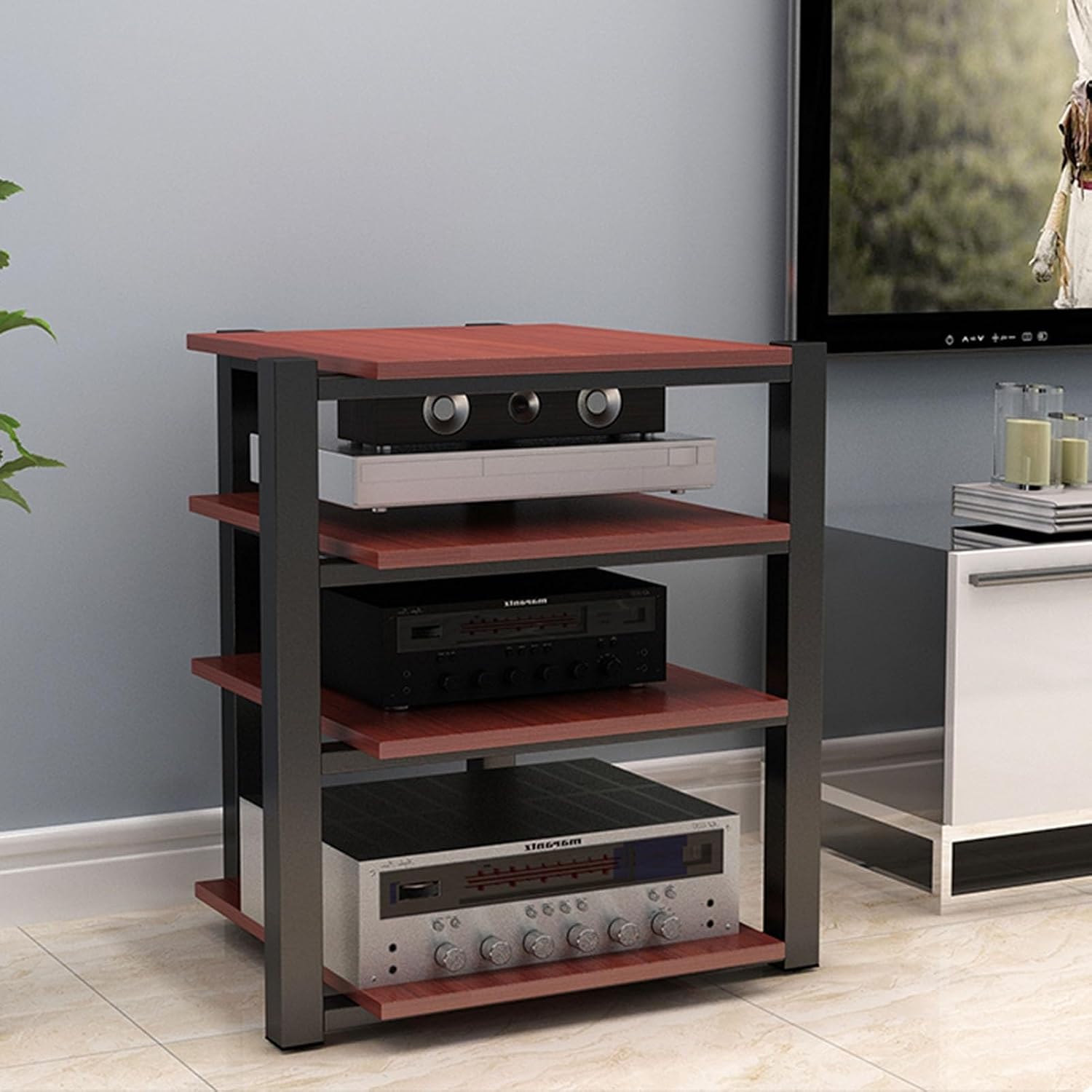 4-Tier Modern Media Stand - AV Component Cabinet & Audio Rack for Home, Office & Theater - Wooden Stereo Equipment Storage Tower - CD Player Corner Unit (Color: A)