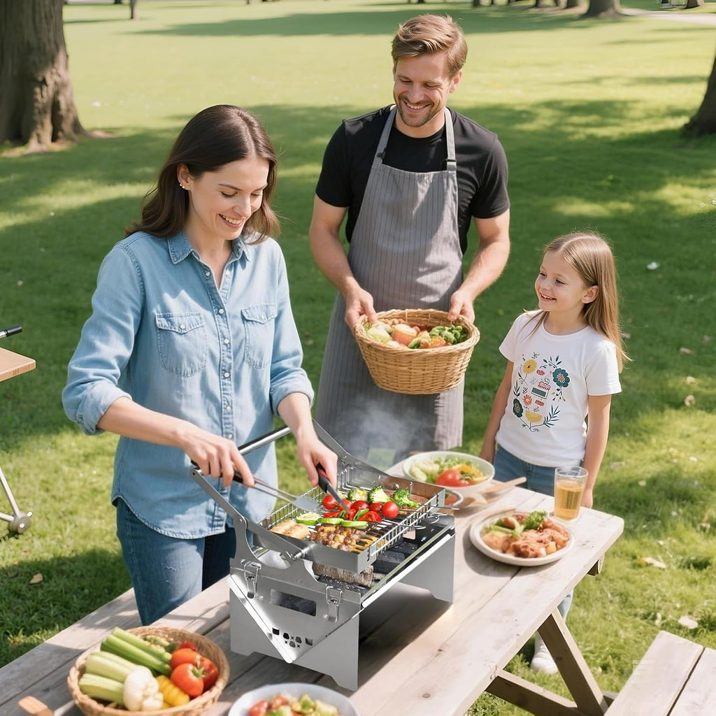 360° Rotating Barbecue Grill, Stainless Steel Flipping Barbecue Grills, Portable Camping Charcoal BBQ Grill Outdoor, Detachable Portable Charcoal Barbecue Grill for Picnic Yard Party