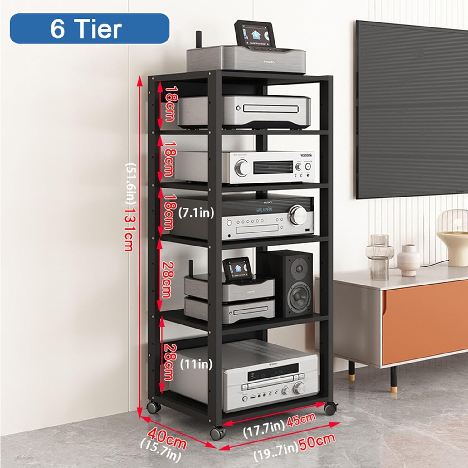 SOBS 5/6/7-Tier AV Media Stand Audio Rack CD Player Stand Stereo Component Storage Cabinet with Height Adjustable Wooden Shelf for Home/Office/Theater, 50x40x131cm (Color : 6 Tier)