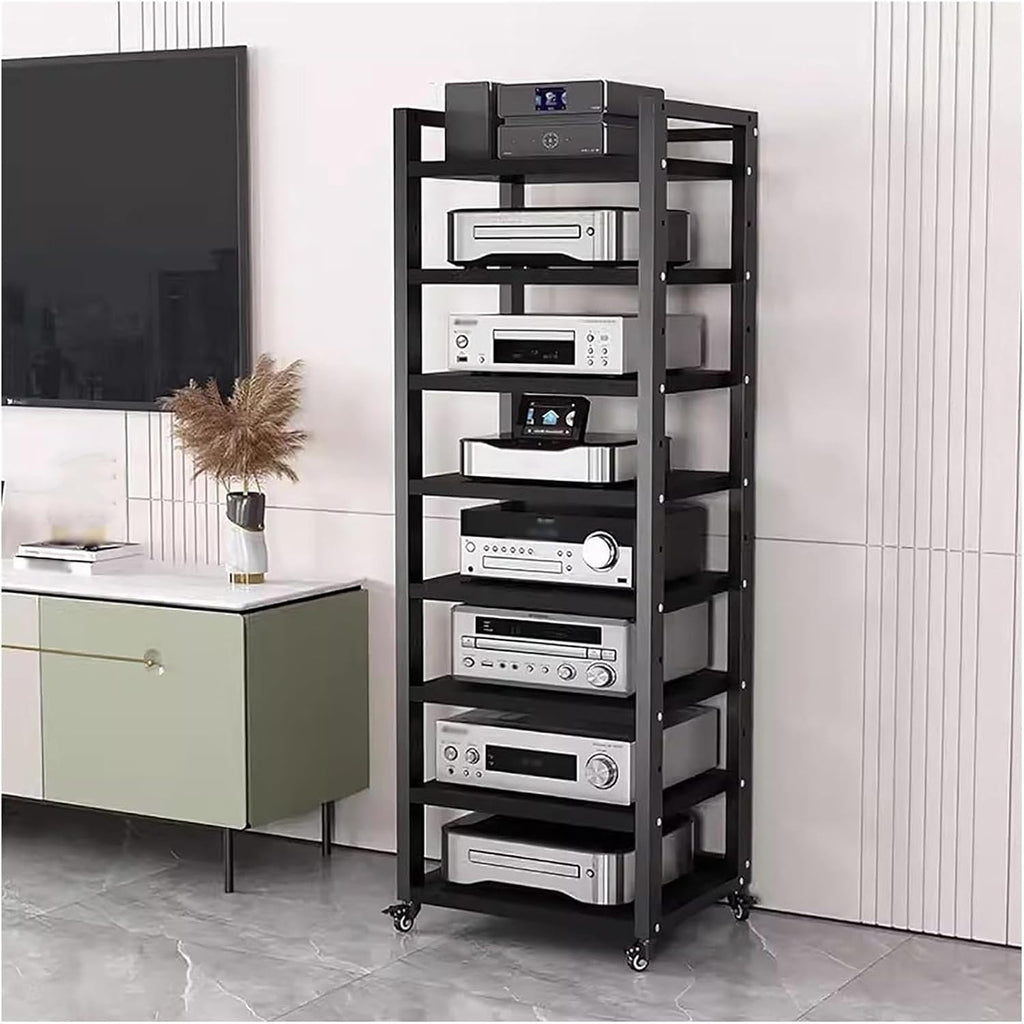 Audio Rack Av Tower Media Stand 5-tier Electronics Equipment Shelf, 6 7 8 Shelf Tall Rolling Stereo Cabinet Racks With Wheels & Height-Adjustable Shelf For Amplifiers/Players/TV, Black-b-8-Tiers