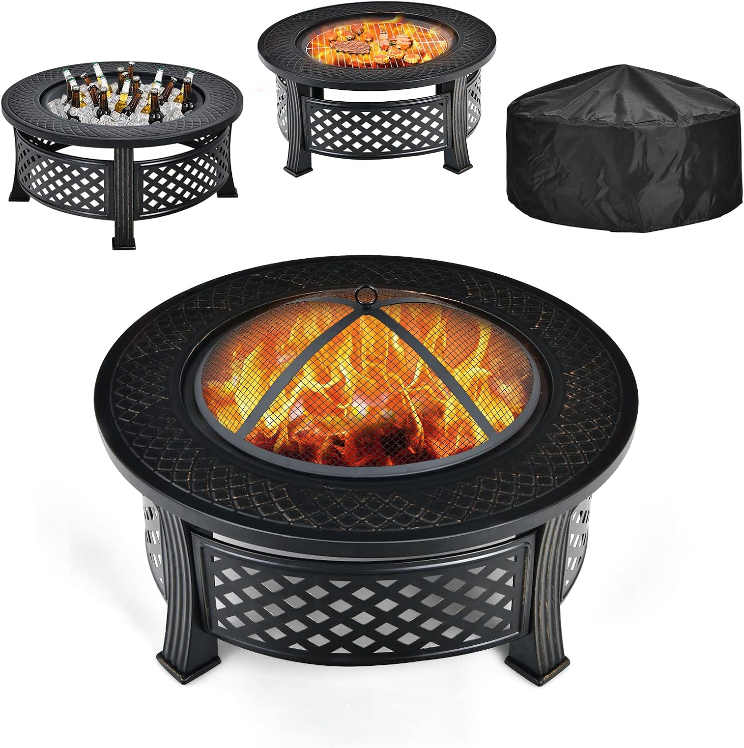Giantex 3 in 1 Fire Pit, 32' Outdoor Wood Burning Fire Pit, Multifunctional Round Firepit Stove, Metal Fire Bowl with Cover, Portable Fire Pits for Outside Heating, Bonfire, Picnic, Grill