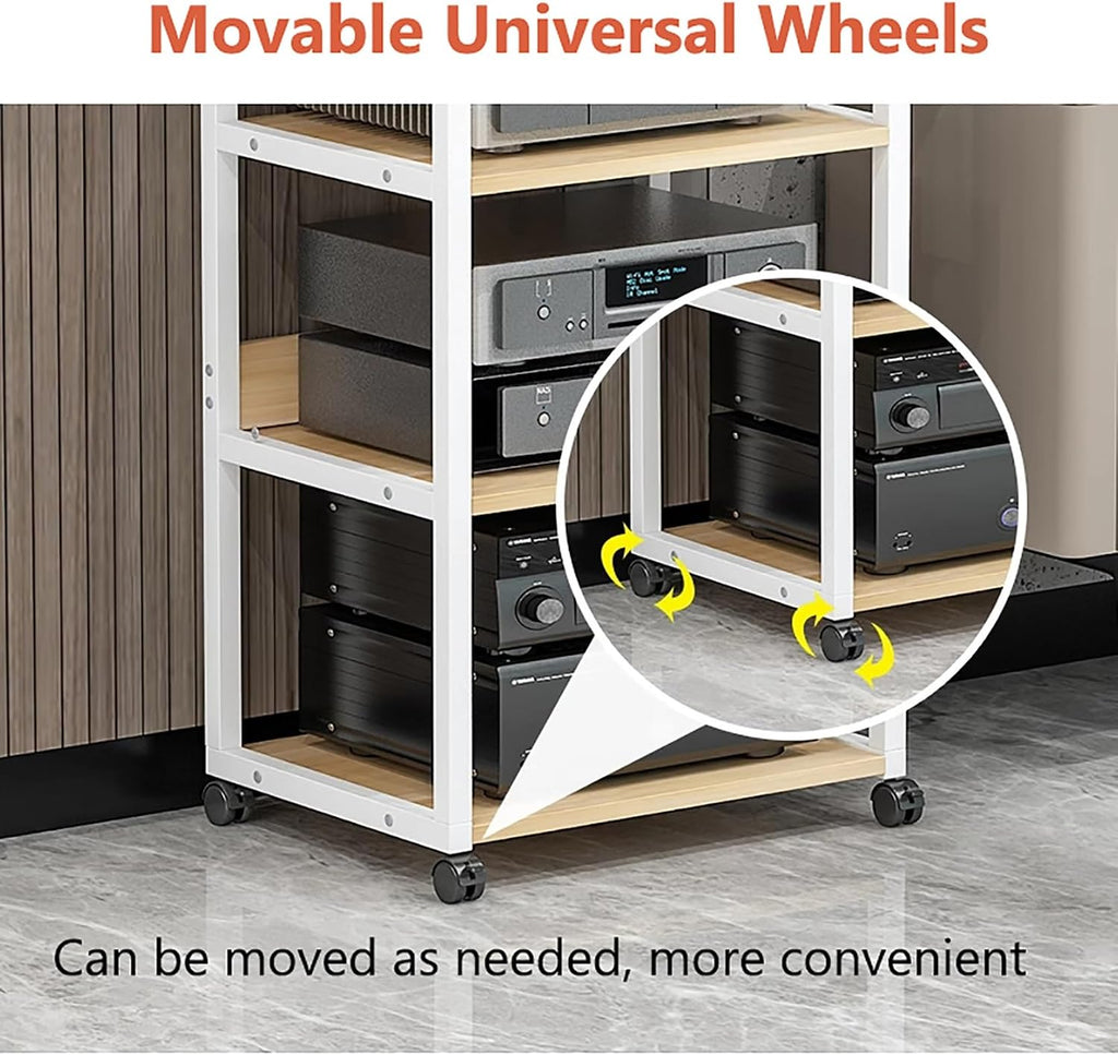 AV Media Stand with Wheels, Gaming Shelves Audio Cabinet Stereo Component Cabinet Small Media Console Storage Rack Audio Tower Corner Entertainment Center for Record Player(White,50x40x61cm)