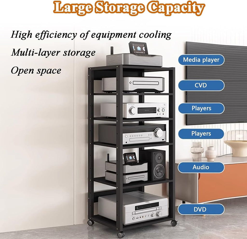 7-Tier HiFi Stand, Movable AV Media Cabinet, Modern Teak Audio Equipment Organizer for Home & Office Storage, Sturdy Component Shelf 55x40x131cm