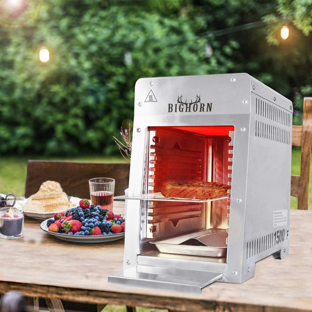 BIG HORN OUTDOORS Portable Infrared Broiler Propane Gas Grill, 1500 Degree Stainless Steel Tabletop Quick Cooking Steak Grill for Meat, Seafood, Veggies