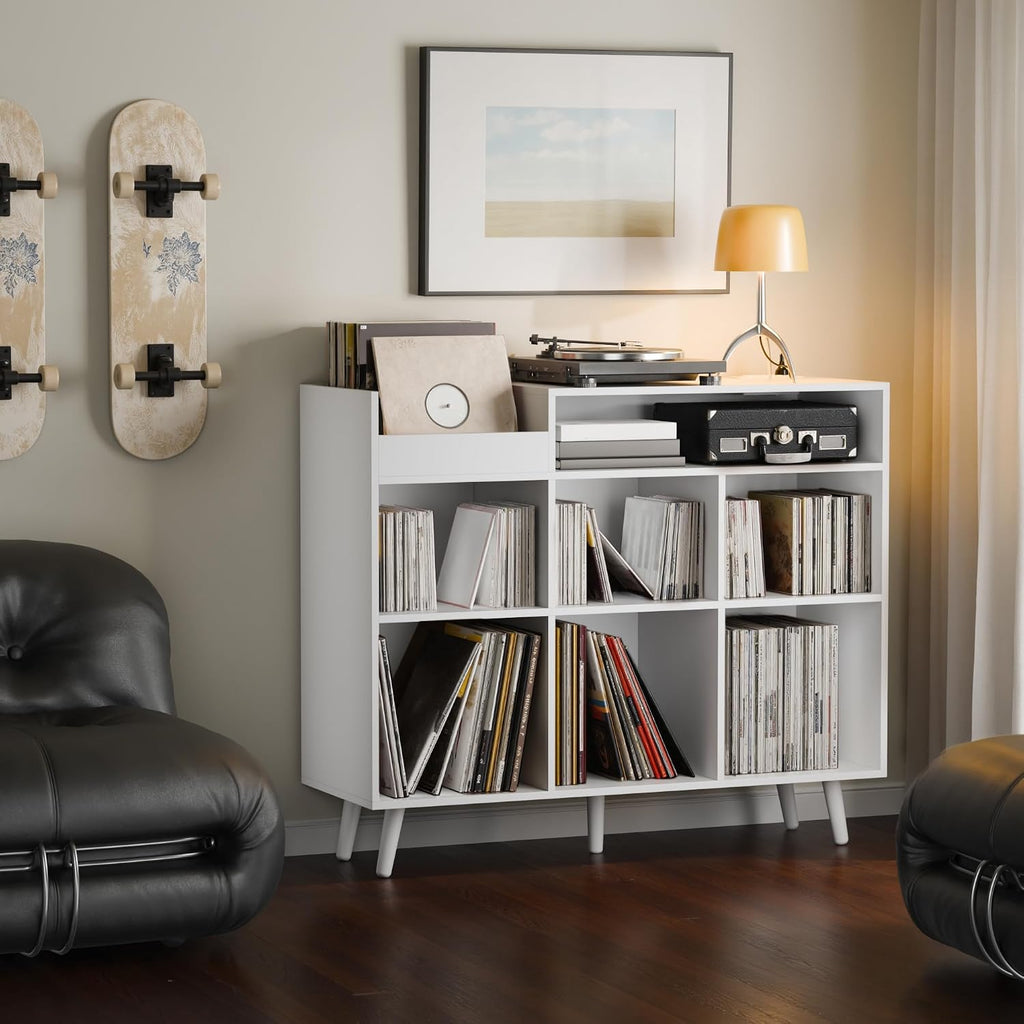Cozy Castle Large Record Player Stand with Vinyl Storage Cabinet, Wood Turntable Table Open Shelf Holder Up to 500 Albums Cube Storage Organizer for Living Room, Office, White