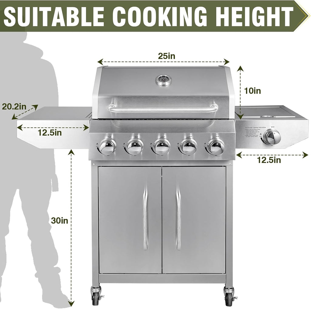 BESTFIRE 68,000 BTU 5+1 Burner Propane Grill - Stainless Steel BBQ with 647 sq in UPGRADED OIL-DRAIN Plates, Cast Iron Grates, Side Burner + FREE Food Clip for Outdoor Cooking