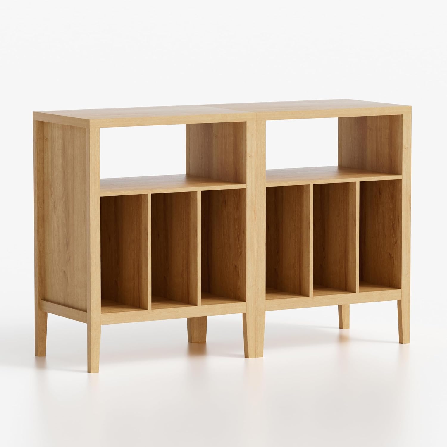 Farmhouse Record Player Stand Set of 2, Vinyl Record Storage Cabinet with Open Shelf, Wood Cube Storage Organizer for Living Room, Office, Natural Oak