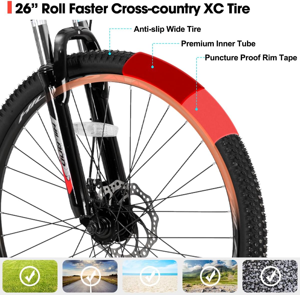 HH HILAND 26'' Mountain Bike, 3 6 Spokes, 21 Speeds Drivetrain, Aluminum Frame 26 Inch Wheels, Disc-Brake Bike for Men Women Men's MTB Bicycle