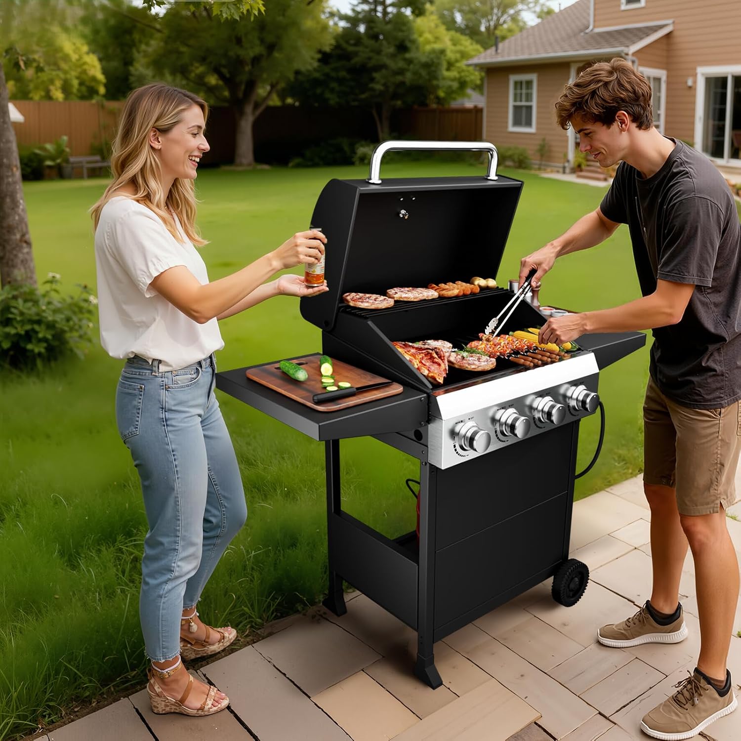 Bonnlo 4 Burners Portable Gas Grill with Enameled Cast Iron Grates, Powerful 40,000 BTU Propane Grill with Side Shelf & Bottom Cabinet, Outdoor Grill with Wheels for Patio Backyard Garden BBQ Use