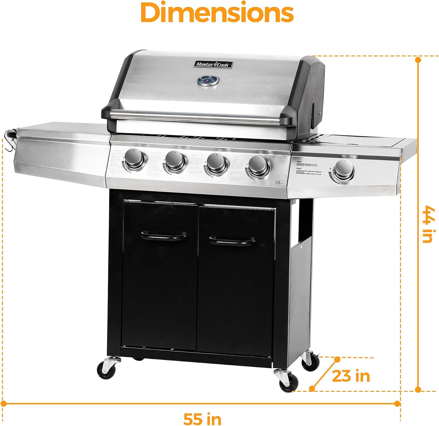 MASTER COOK 4+1 Burners Gas Grill, 518 Sqin Cooking Area, 52,000 BTU Propane Grill with Side Burner, Stainless Steel Cabinet Grill, Black